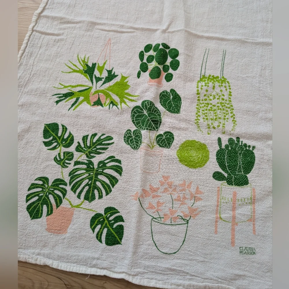 Green and White Botanical Print Tea Towel By Claudia Pearson